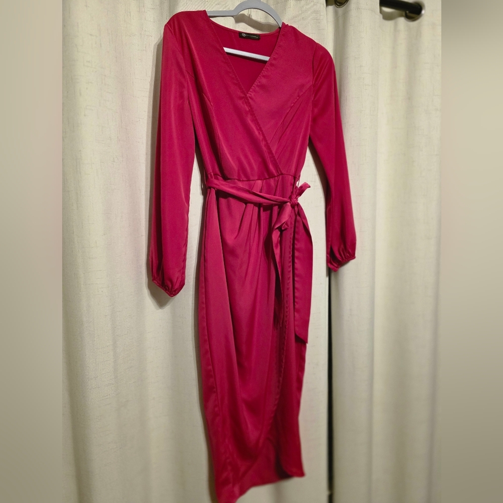 Chic Long Sleeve Wrap Dress in Fuchsia
